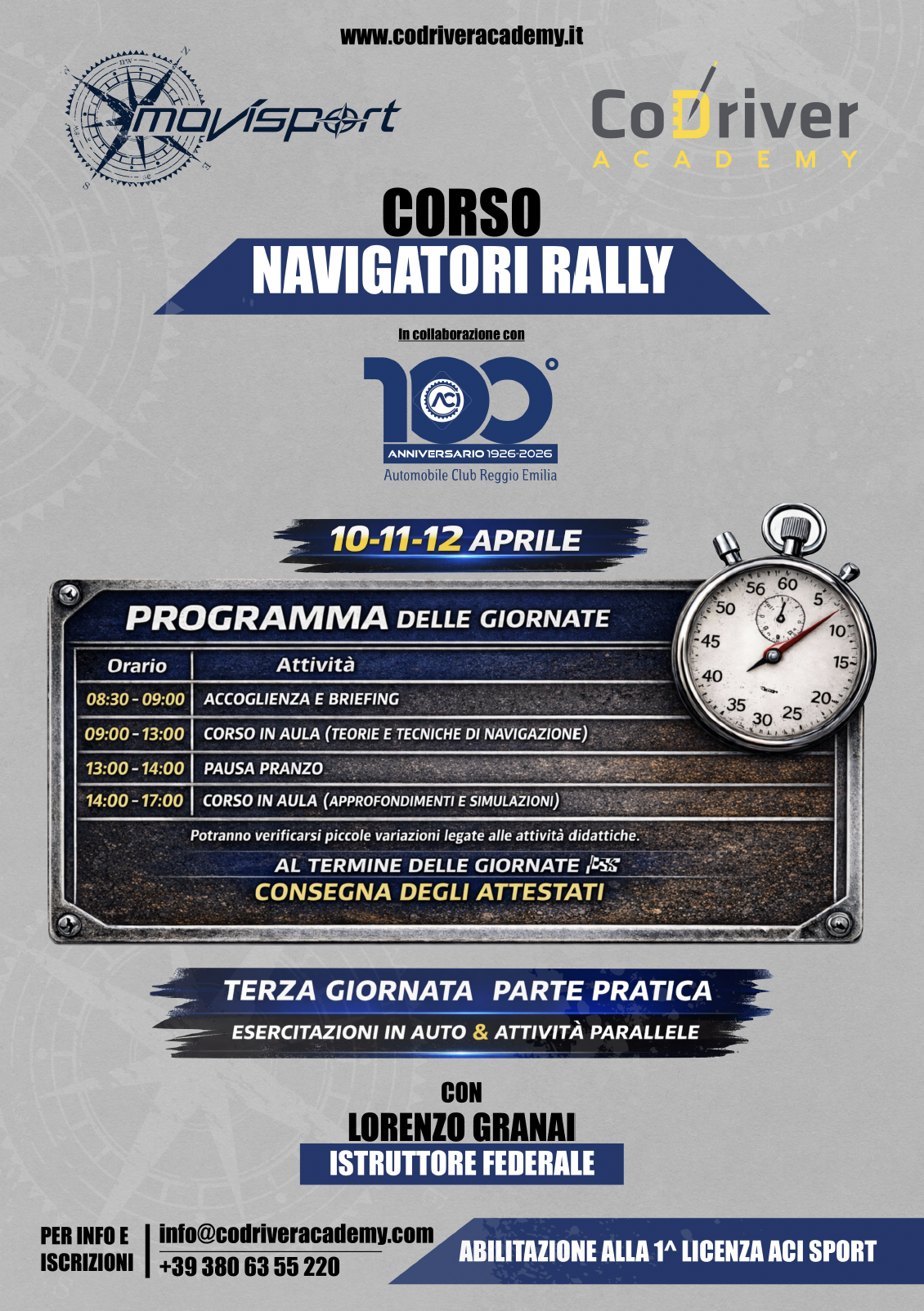 Iscrizioni aperte al Corso Professionale Navigatori Rally CoDriver Academy Reggio Emilia