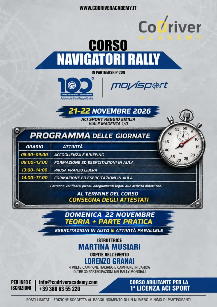 Locandina con il programma del Corso Navigatori Rally CoDriver Academy del 21 e 22 novembre 2026 presso ACI Sport Reggio Emilia.